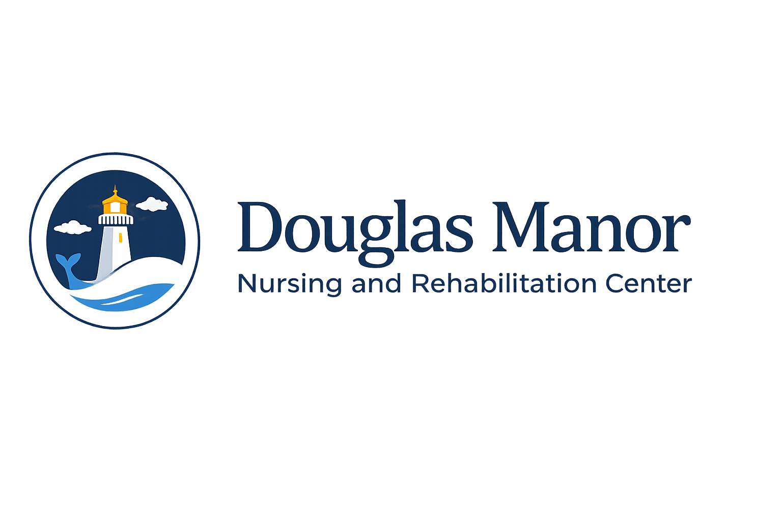 Douglas Manor Nursing and Rehabilitation Center logo with lighthouse and ocean design